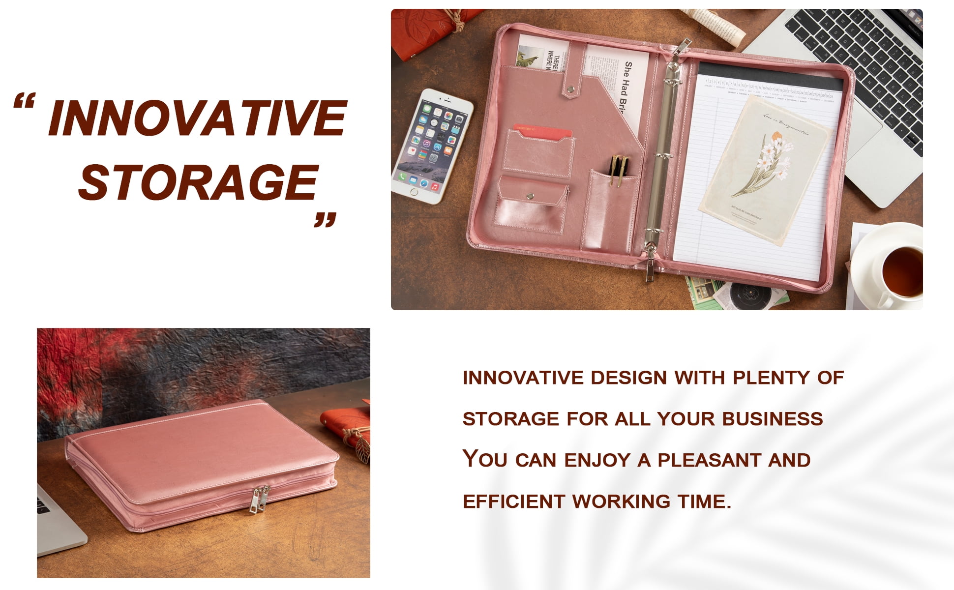 LeatherBelief Vegan Leather Portfolio, Rose, 3-Ring Binder with Zippered Closure, 12.5 x 10 x 1.6 inches