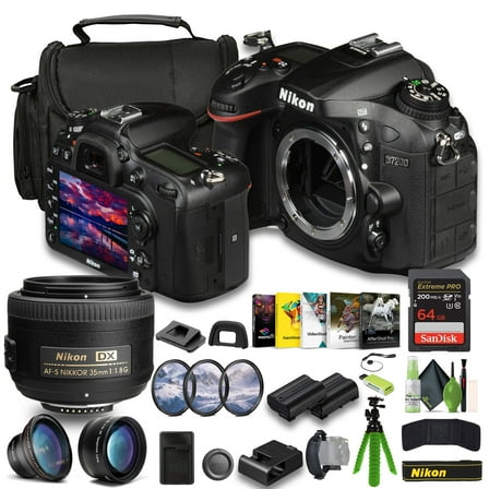 Nikon D7200 24.2 MP DX-Format Digital SLR Camera   EN-EL15C Battery   Extreme PRO 64GB Card   Wide Angle Lens Attachment   Photo Editing Software   Nikon AF-S DX 35mm F/1.8G Lens   More