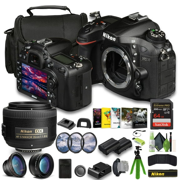 Nikon D7200 24.2 MP DX-Format Digital SLR Camera   EN-EL15C Battery   Extreme PRO 64GB Card   Wide Angle Lens Attachment   Photo Editing Software   Nikon AF-S DX 35mm F/1.8G Lens   More