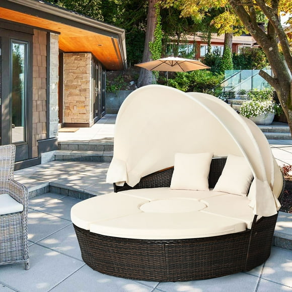 Gymax Cushioned Patio Rattan Round Daybed w/ Adjustable Table 3 Pillows Canopy