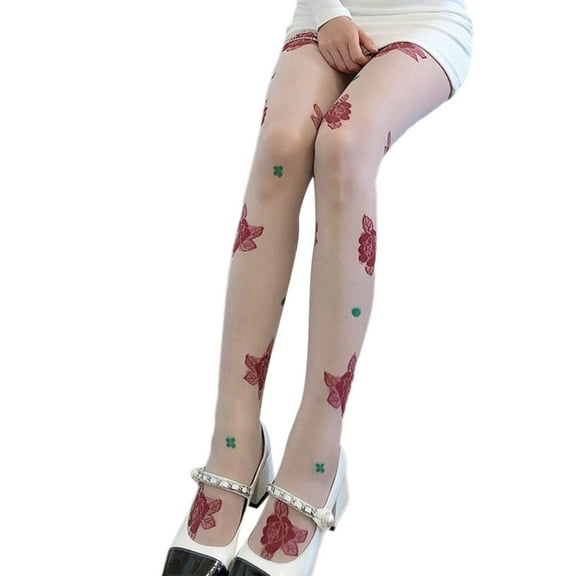 Women French Style Summer Thin Pantyhose Vintage Red Rose Flower Print Patterned Sheer Tights LolitaC0sp1ayTransparent Stockings Hosiery