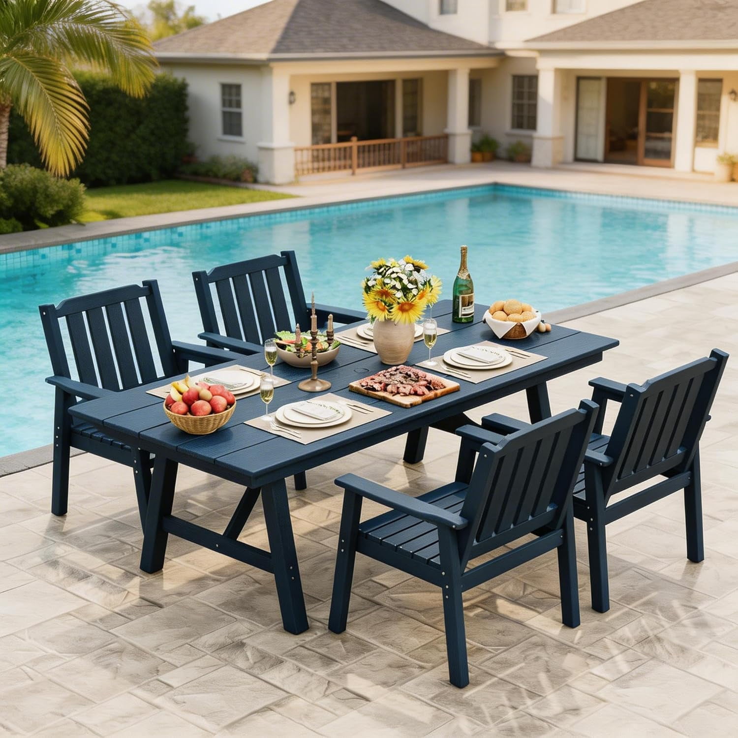 EliteEdge Set of 2 23.9" Wide HDPE Patio Dining Chairs, 650LBS Capacity All-Weather Armchairs with Slatted Seat, Heavy Duty Modern for Garden, Poolside, Deck,Blue