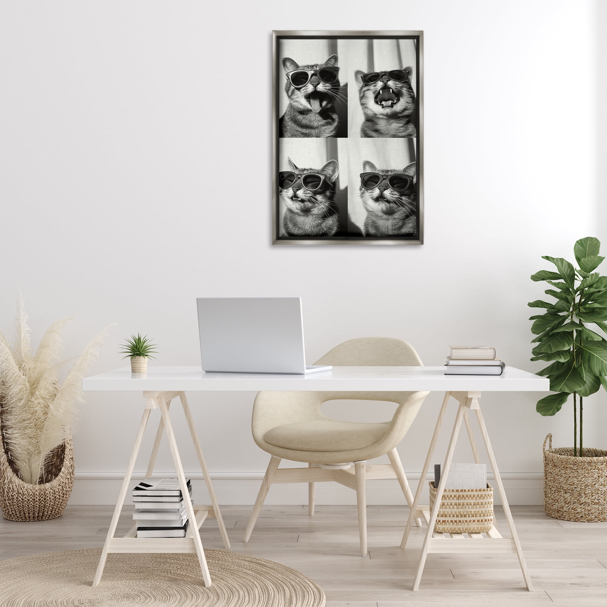 Stupell Industries Photobooth Style Cat Novelty Painting Gray Floater Framed Art Print Wall Art, 21 x 31