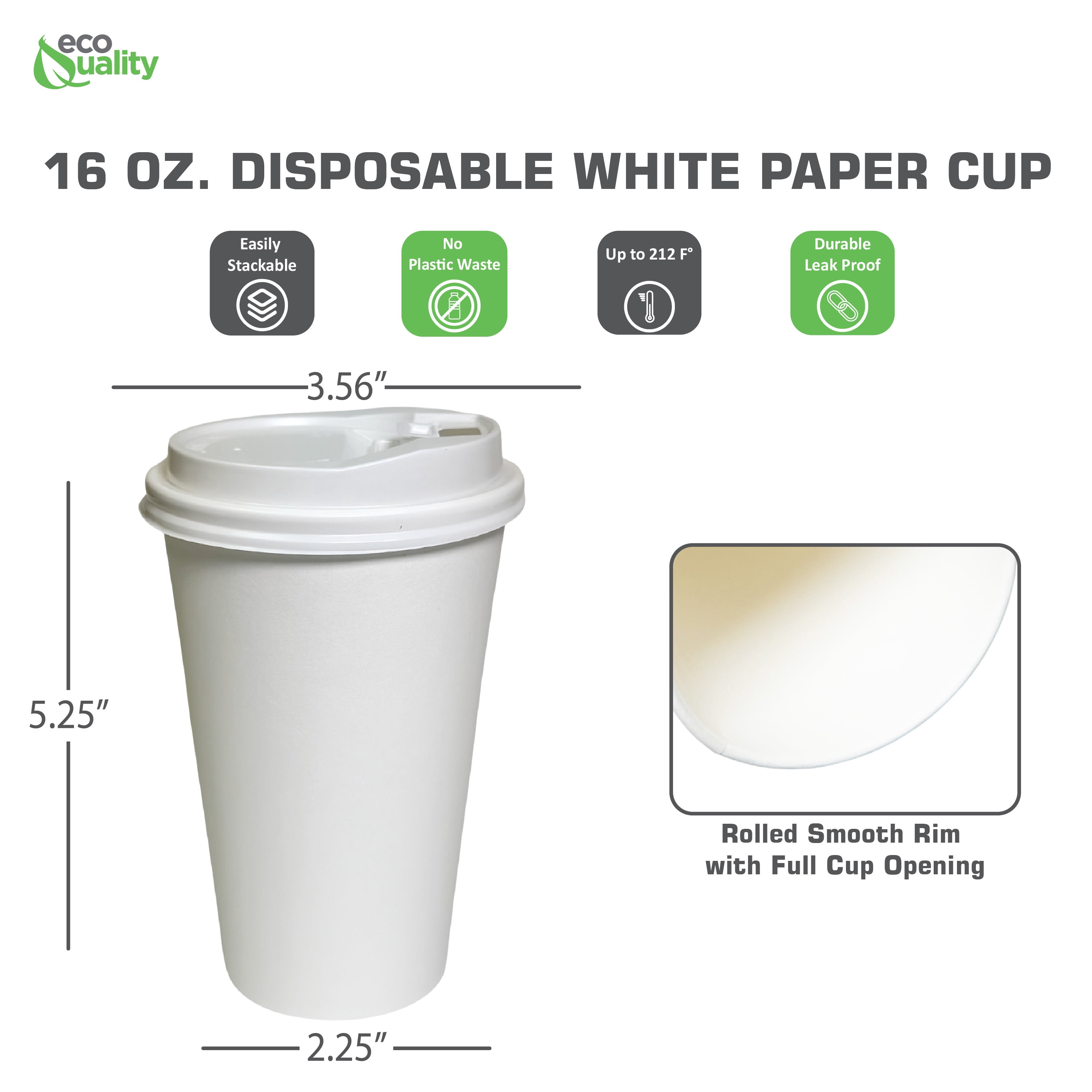 EcoQuality 16 oz White Hot Drink Paper Cups with White Dome Lids - Disposable Paper Coffee Cups perfect for Tea, Latte's, Coffee Shops, Restaurant Grade (25)