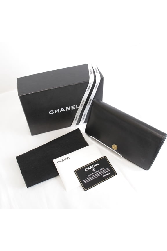 Pre-Owned CHANEL Coco Button Bifold Long Wallet, Leather, Black, Women's (Good)