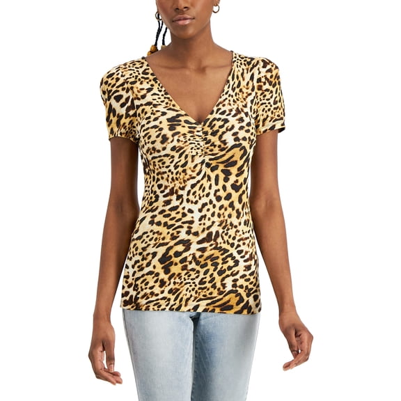 INC International Concepts Womens Printed Ribbed Top Caterina Cheeta S