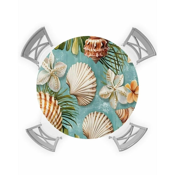 nqOlkjepod Summer Tropical Round Tablecloth, Fitted Table Cover with Elastic for 55"-60" Round Tables, Coastal Shell Flower Palm Leaf Table Cloth Outdoor Indoor Dinning Party Waterproof Tablecloths