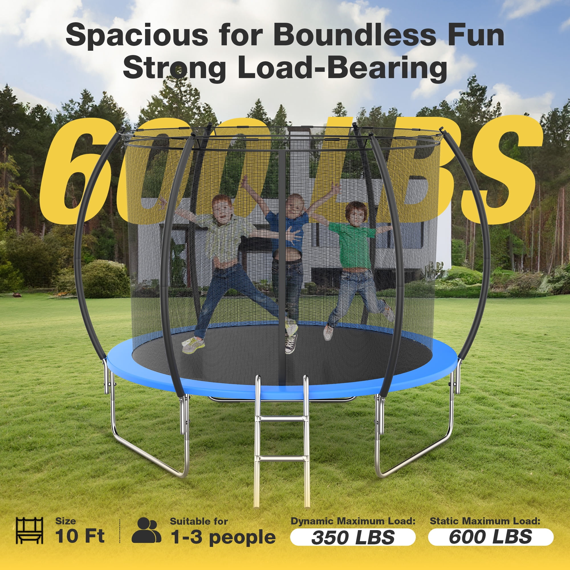 FUNTOK Trampoline 10FT 12FT 14FT Trampoline with Enclosure Net for Kids Adults, 600 LBS New Upgraded Recreational Backyard Trampolines with Waterproof Jump Mat Ladder for 3 Person