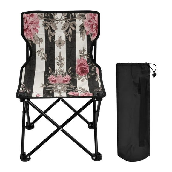 YAZAOO Camping Chairs Modern Black White Stripes Pink Roses Pattern Folding chair