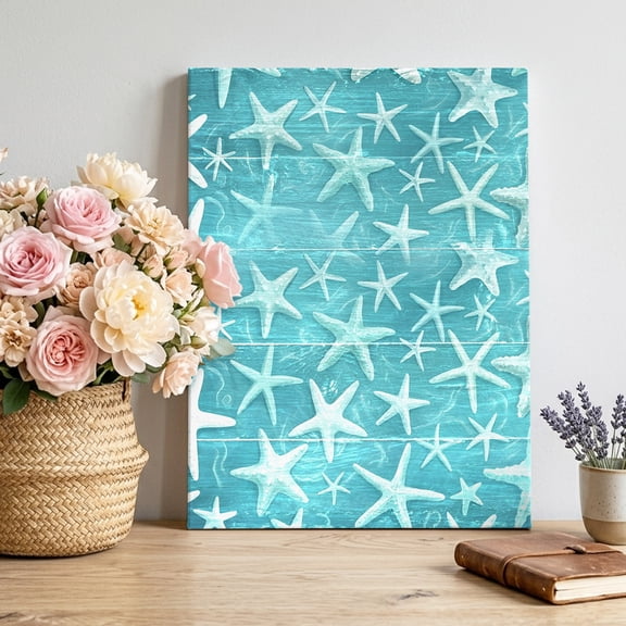 Canvas Wall Art Summer Canvas Art Print Coastal Watercolor Teal White Sea Starfish Wood Grain Pictures Wall Decor for Living Room Bedroom Artwork Decorations Stretched Framed Ready to Hang 8"x10"