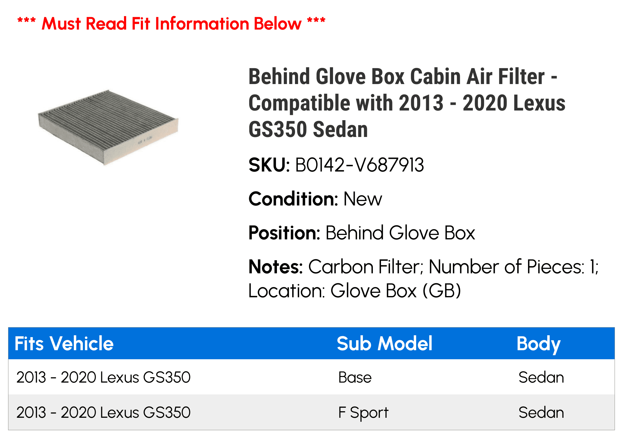 Behind Glove Box Cabin Air Filter - Compatible with 2013 - 2020 GS350 Sedan 2014 2015 2016 2017 2018 2019