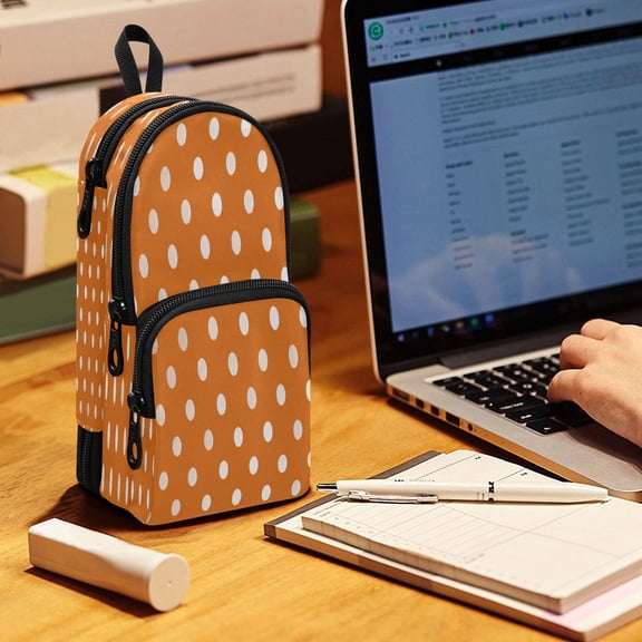 Backpack Pencil Case, 3 Compartment Large Capacity Oxford Fabric Pencil Pouch / Warm Orange Cream Dots