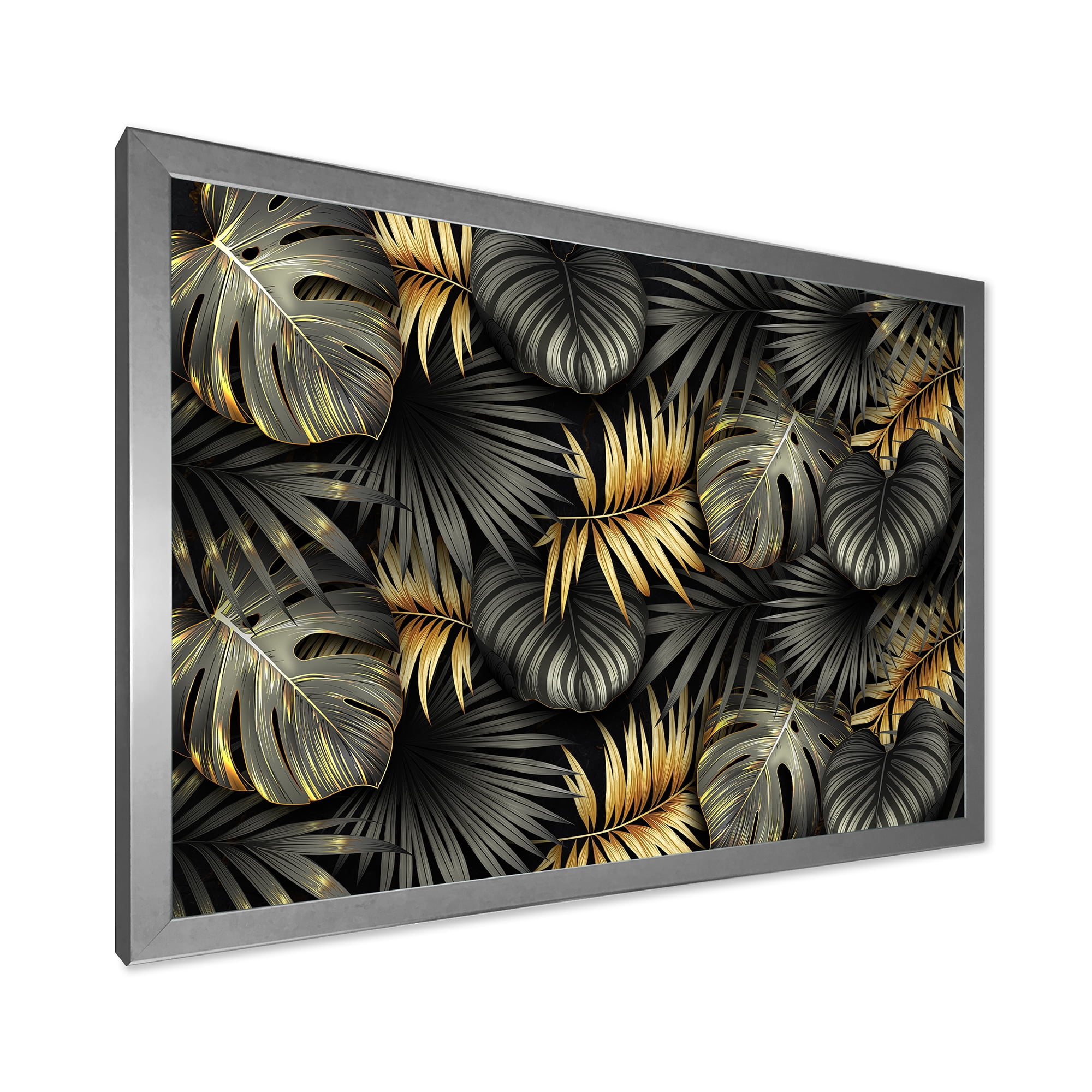 Designart 'Gold and Black Tropical Leaves II' Modern Framed Art Print
