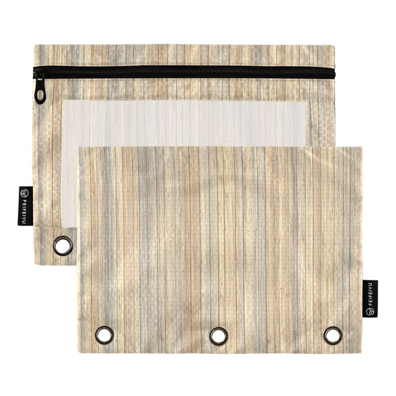 2 Pack 3 Ring Binder Pouch with Clear PVC Window Water Resistant Zipper Pencil Pouch Warm Beige Wood Pattern Binder Pocket for Classroom Office Home Stationery Organization