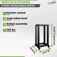 thumbnail image 4 of NavePoint 22U 4 Post Server Rack – Open Frame Rack for 19 Inch Equipment, Adjustable Depth 4-Post Network Rack Floor Mount, 22U Server Rack 793lbs Capacity, Black, 4 of 4