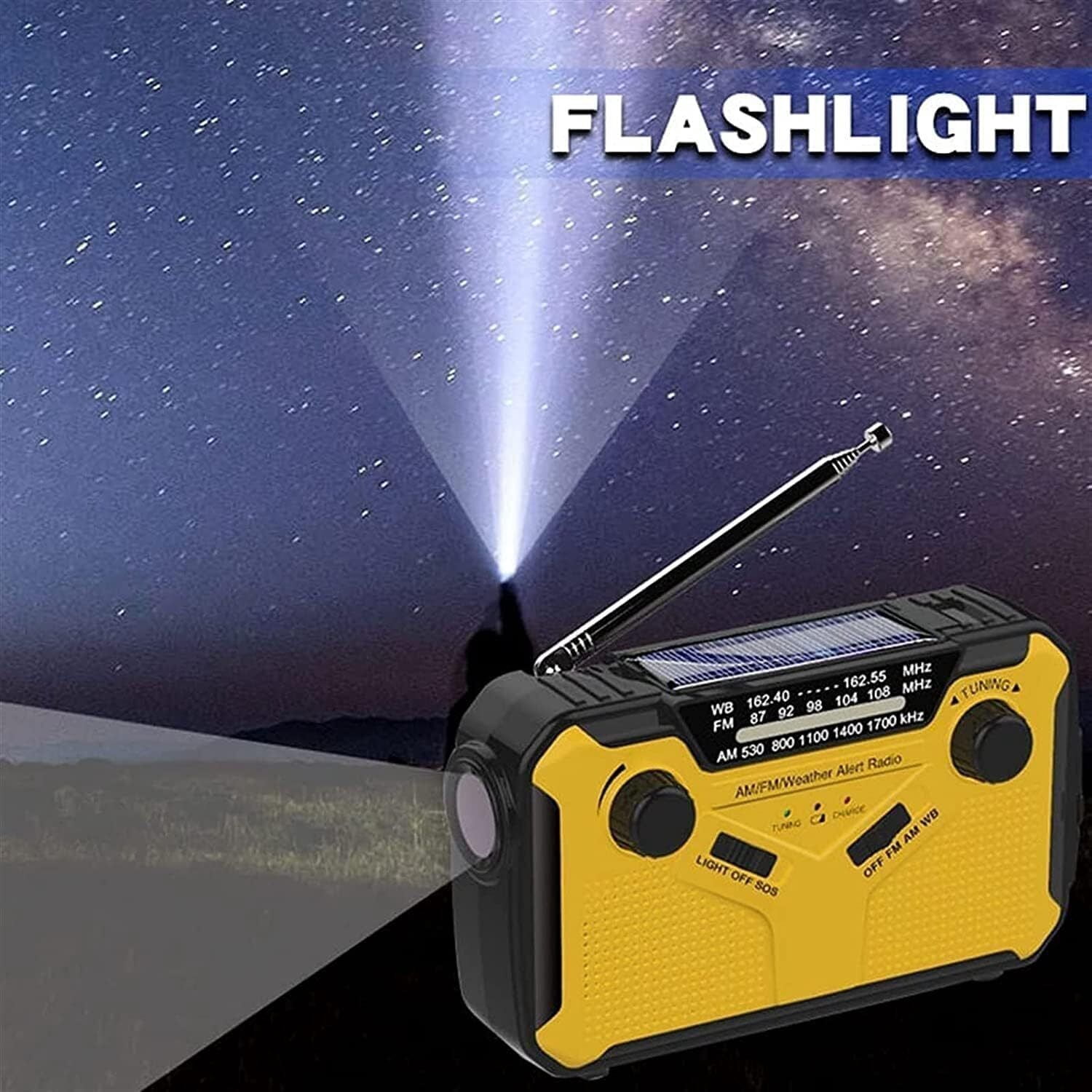XZKING Emergency Weather Radio, AA Batteries/Hand Crank/Solar/USB Charging, NOAA/AM/FM, LED Flashlight and Reading Lamp,SOS Alarm & Flashlight,Yellow