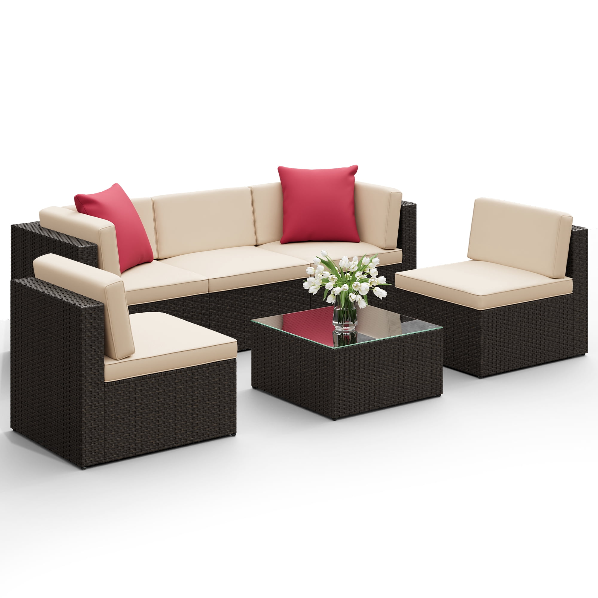 Lacoo 6 PCS Patio Outdoor Furniture Wicker Sectional Sofa with Cushion, Beige