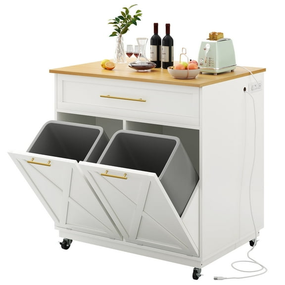 DEXTRUS 39" Kitchen Island Cart with 10 Gallon Double Tilt Out Trash Can and Charging Station, White
