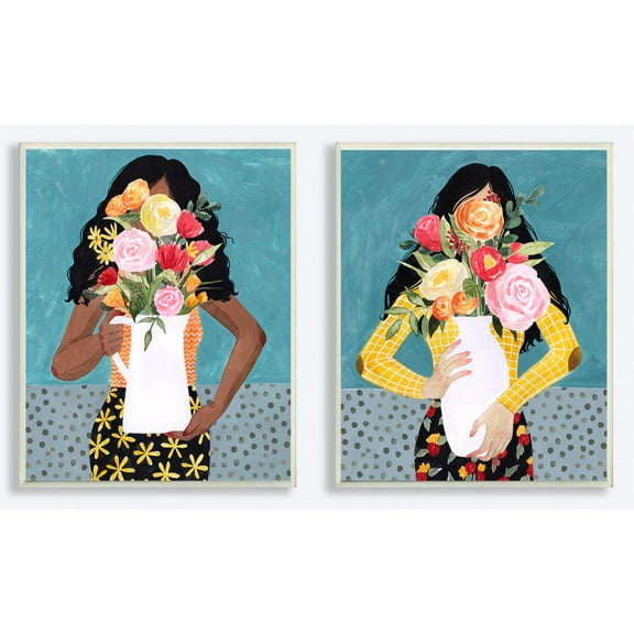 Stupell Industries Designer Flower Vases Fashion Blue Modern Painting 2pc Wall Plaque Art Set by Grace Popp
