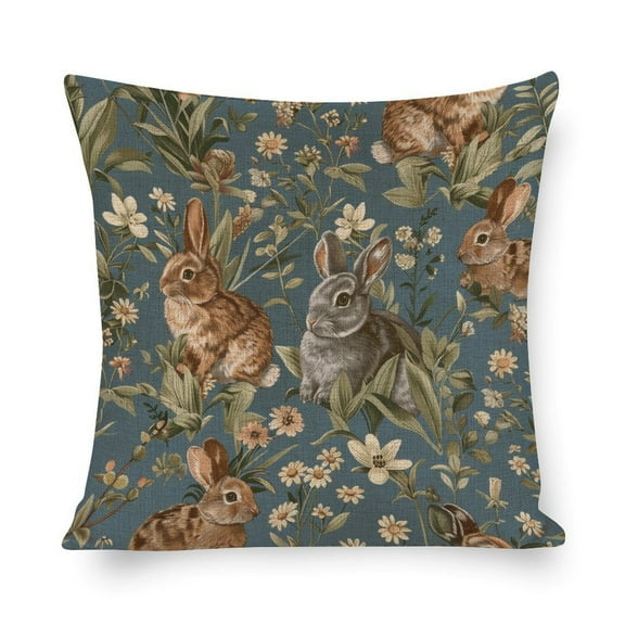 Modern Sofa Throw Pillow Cover Cute Bunny Flowers Pillows Blue Vintage Rabbits And Spring Flowers Pattern Throw Pillow Cushion Case for Sofa Couch 16"x16"