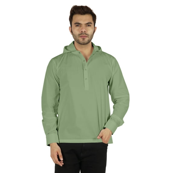 Inkmeso Solid Henley Hooded Short Kurta For MensLong Sleeve Cotton T-shirt Regular Fit Summer Wear