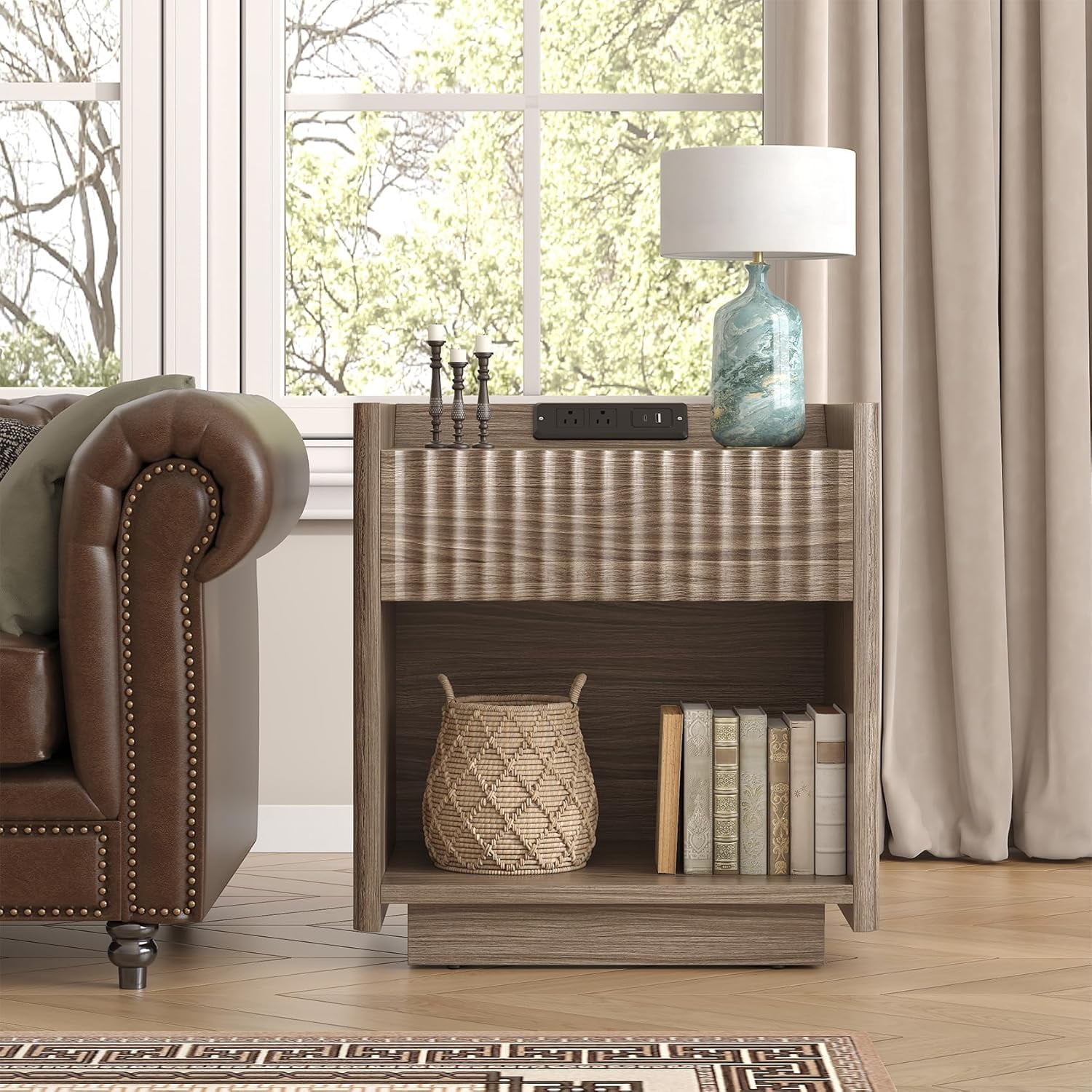 Winkalon Fluted Nightstands for Bedroom, Farmhouse Bedside Tables with Drawer & Open Shelf, Wood End Table for Living Room,Walnut