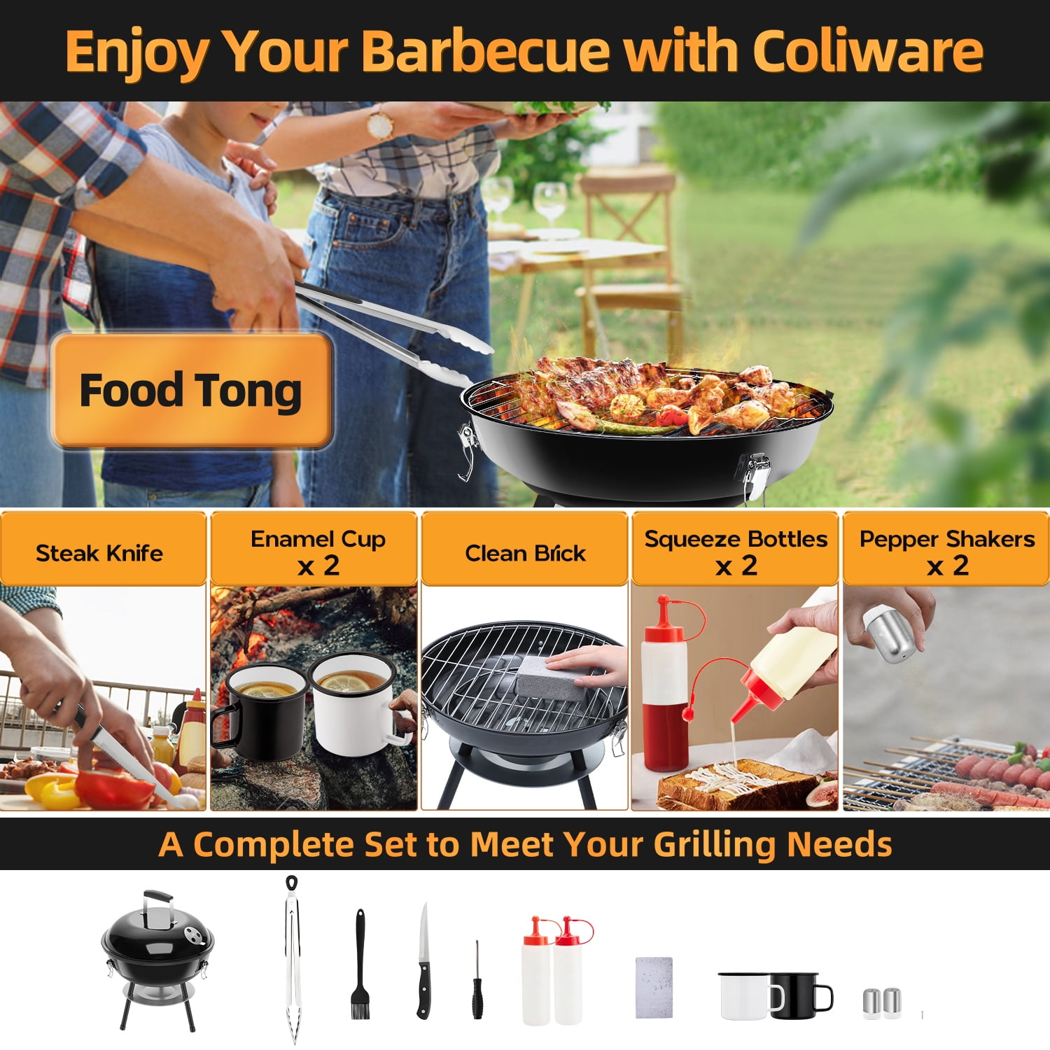 Coliware 14 inch Portable Charcoal Grill, Lightweight Enamel Coated Coal Kettle Smoker with 3-Point Locking Lid 2 Grilling Racks Dual Venting System, Tabletop Barbecue Oven for Outdoo