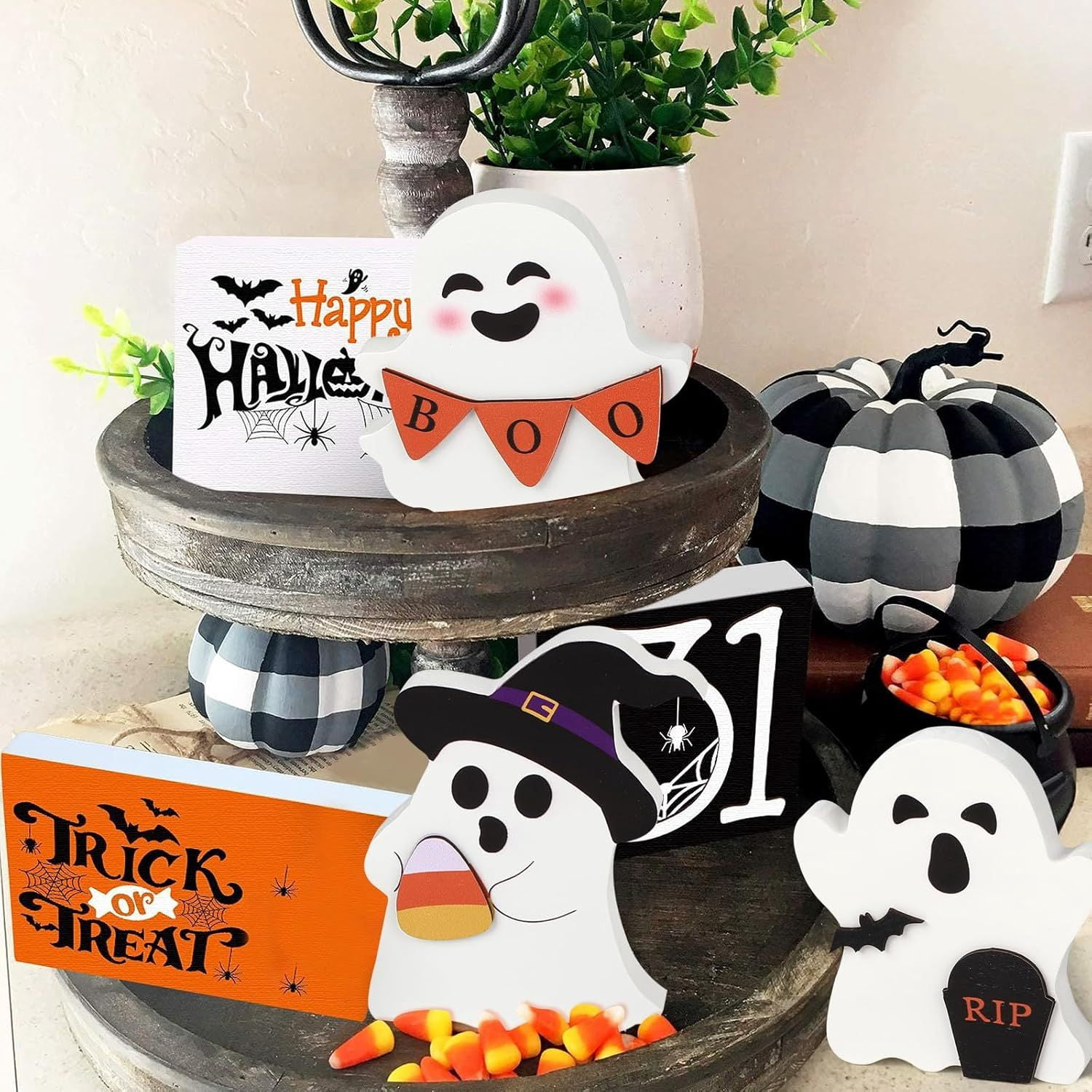 Set of 3 Cute Wooden Ghost Tiered Tray Decorations for Halloween Home Decor