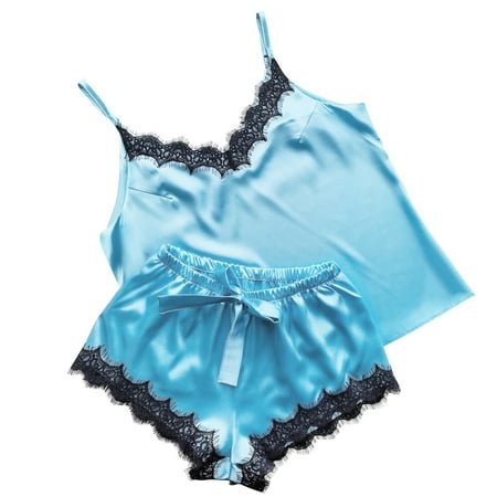 

BIZIZA Women Soft Pajama Set Plus Size 2 Piece PJ Sets Lace Loungewear Sleepwear Cami Top and Shorts Blue M