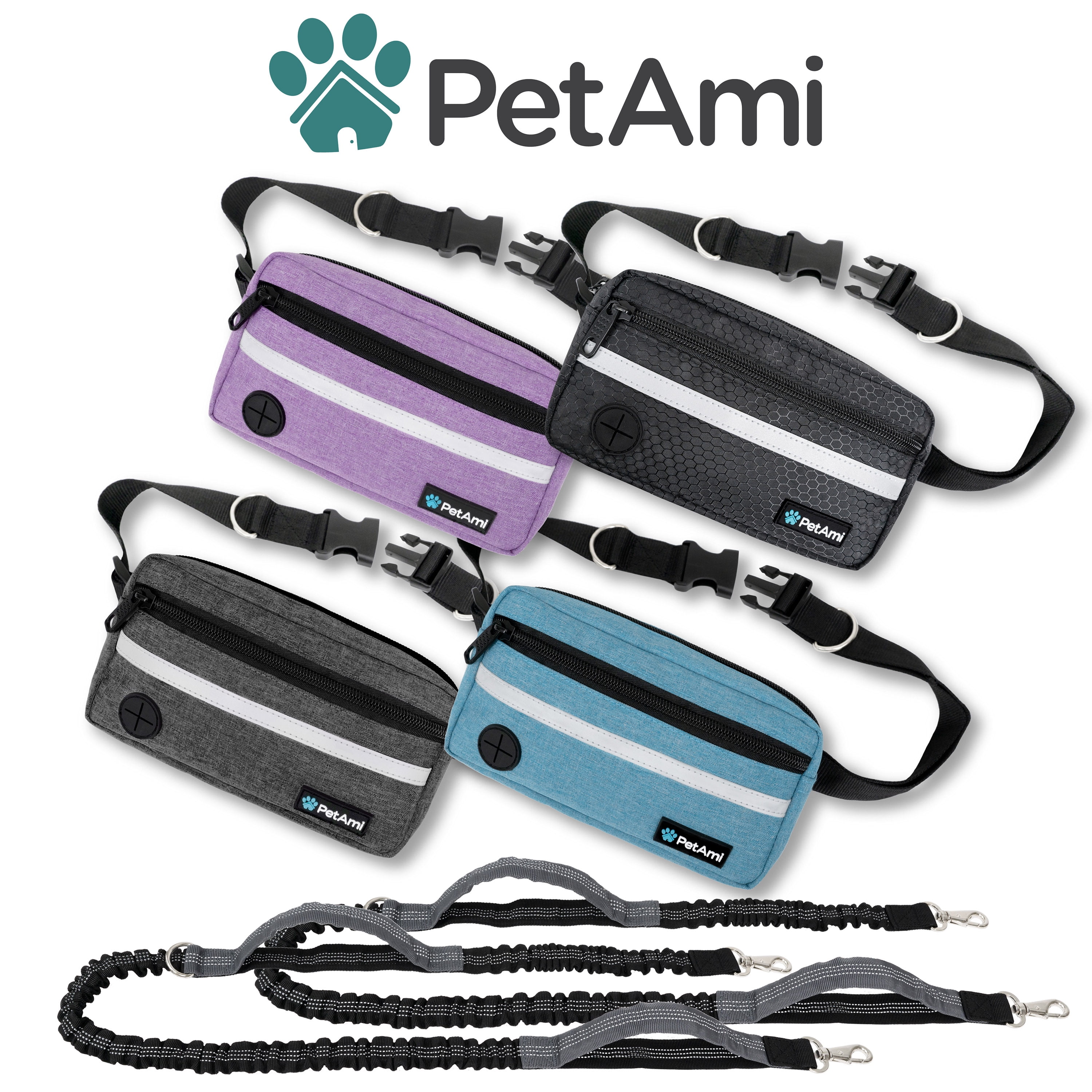 PetAmi Hands Free Dog Leash, Dog Running Leash Belt for Walking Jogging, Dog Waist Zipper Pouch Fanny Pack with Poop Bag Dispenser, Dual Padded Handle Bungee Leash for Small Medium Large Dogs, Double
