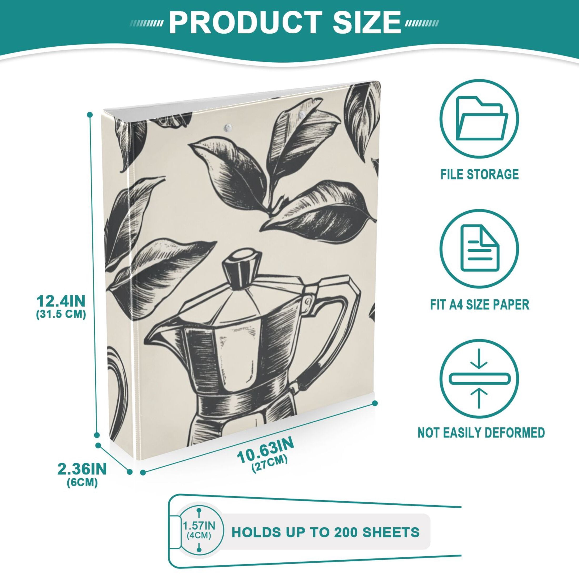 Vintage Leaves Coffee 3 Ring Binders 1.5 inch Hardcover File Folders with Interior Pockets A4 Size Organizer for School Office Hospital