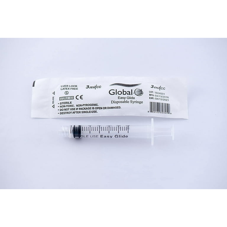 3ML Sterile Syringe Only with Luer Lock Tip - 25 Syringes Without a Needle  by Easy Glide - Great for Medicine, Feeding Tubes, and Home Care 