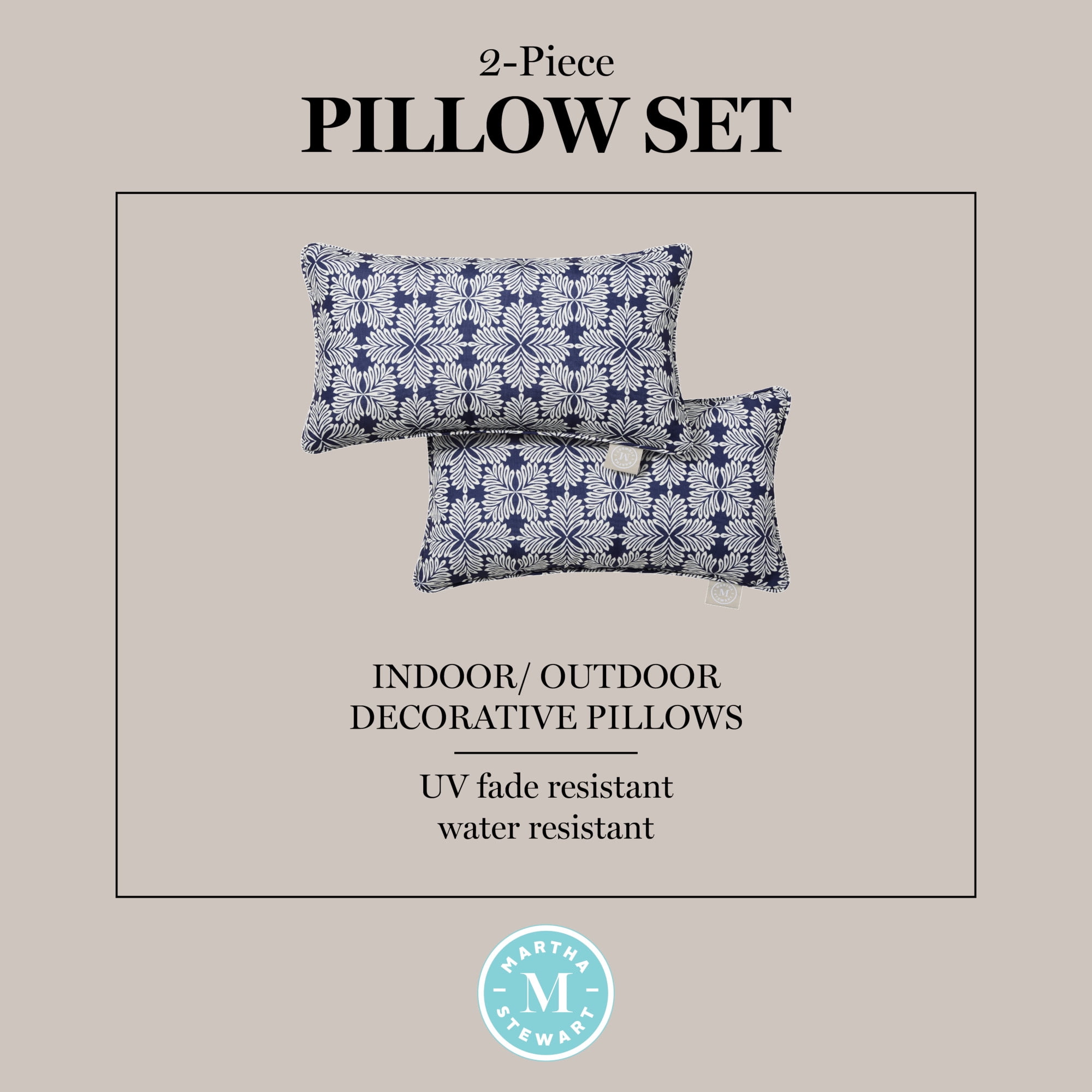 MARTHA STEWART Tulum Indoor Outdoor Decorative Lumbar Pillow 2-Pack Set, UV Fade Resistant, Water Repellent, Printed Modern Design, Navy Blue, 11"x18"
