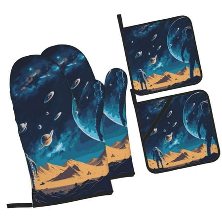 

Fotbe Astronaut In A Space Suit On The Planet for 4Pcs Oven Mitts and Pot Holders 500℉ Heat Resistant Oven Mitts Non-Slip Silicone Surface Safe for Baking Cooking BBQ