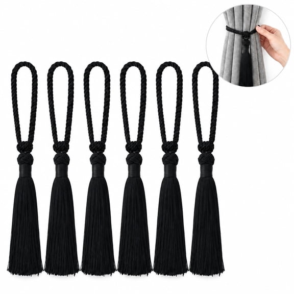 6 Pack Tassel Curtain Tiebacks, 23.62 Inch Total Length Black Braided Tassel Drape Holdbacks, Decorative Curtain Tie Bands for Living Room Bedroom Window Curtains