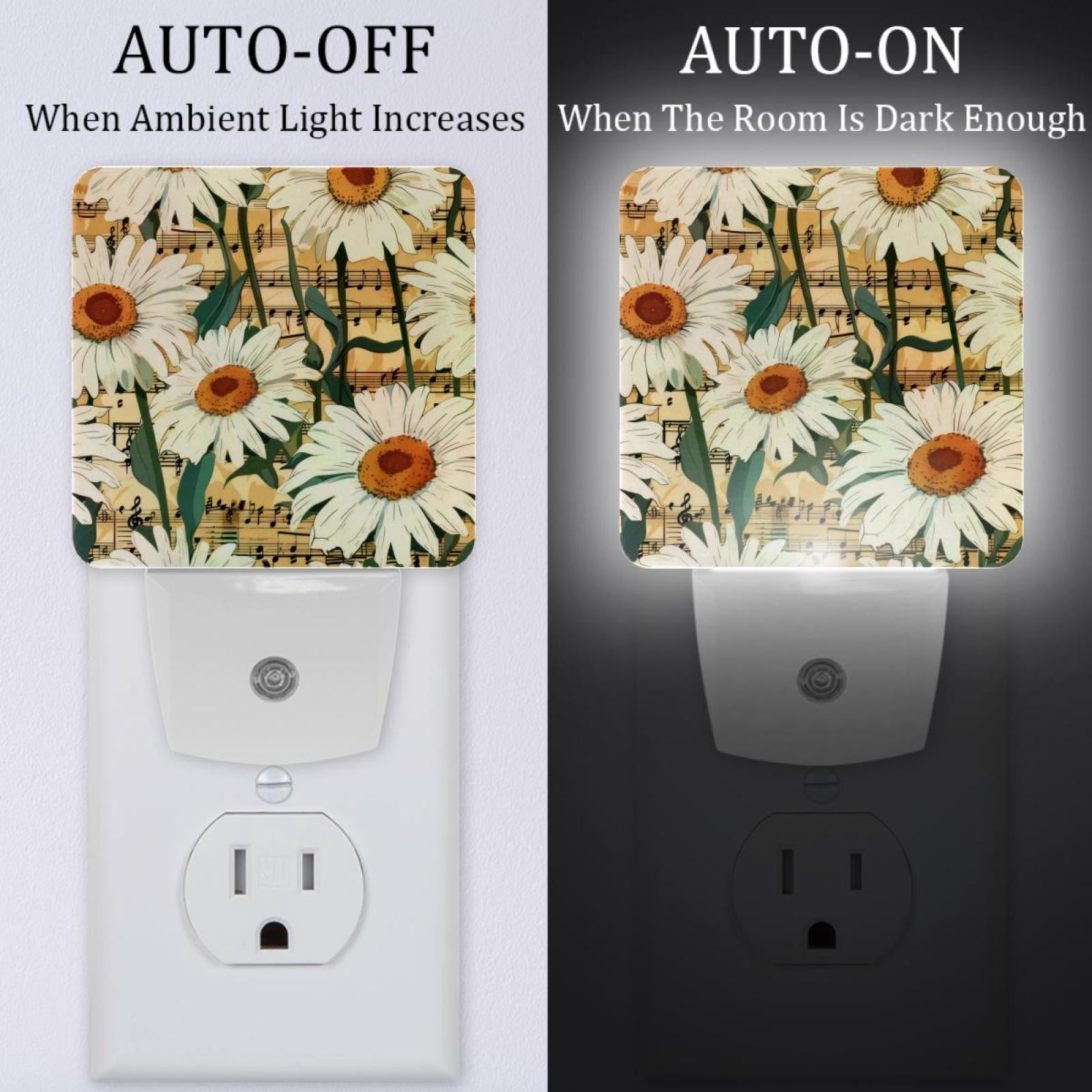 PhooArto Vintage Daisy and Music Notes Pattern Plug in LED Night Light Auto Sensor Dusk to Dawn Decorative Night for Bedroom, Bathroom, Kitchen, Hallway, Stairs, Baby's Room, Energy Saving