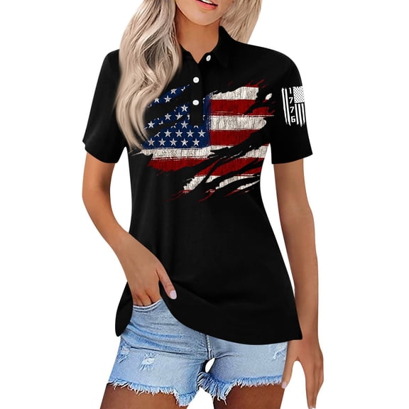 Trgacdwlo July 4th Polo Shirts Women Button Collared Womens Shirts Stars Stripes Short Sleeve Golf Shirts for Women