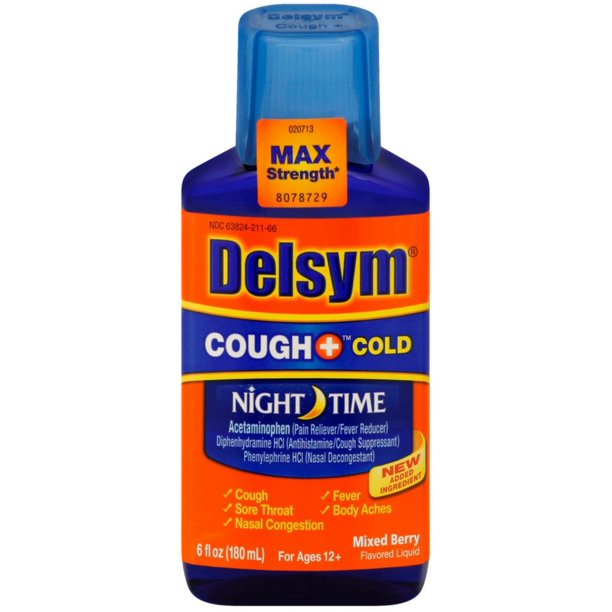 Delsym Adult Night Time Cough and Cold Liquid, Mixed Berry Flavor, 6 oz (Pack of 4) Walmart
