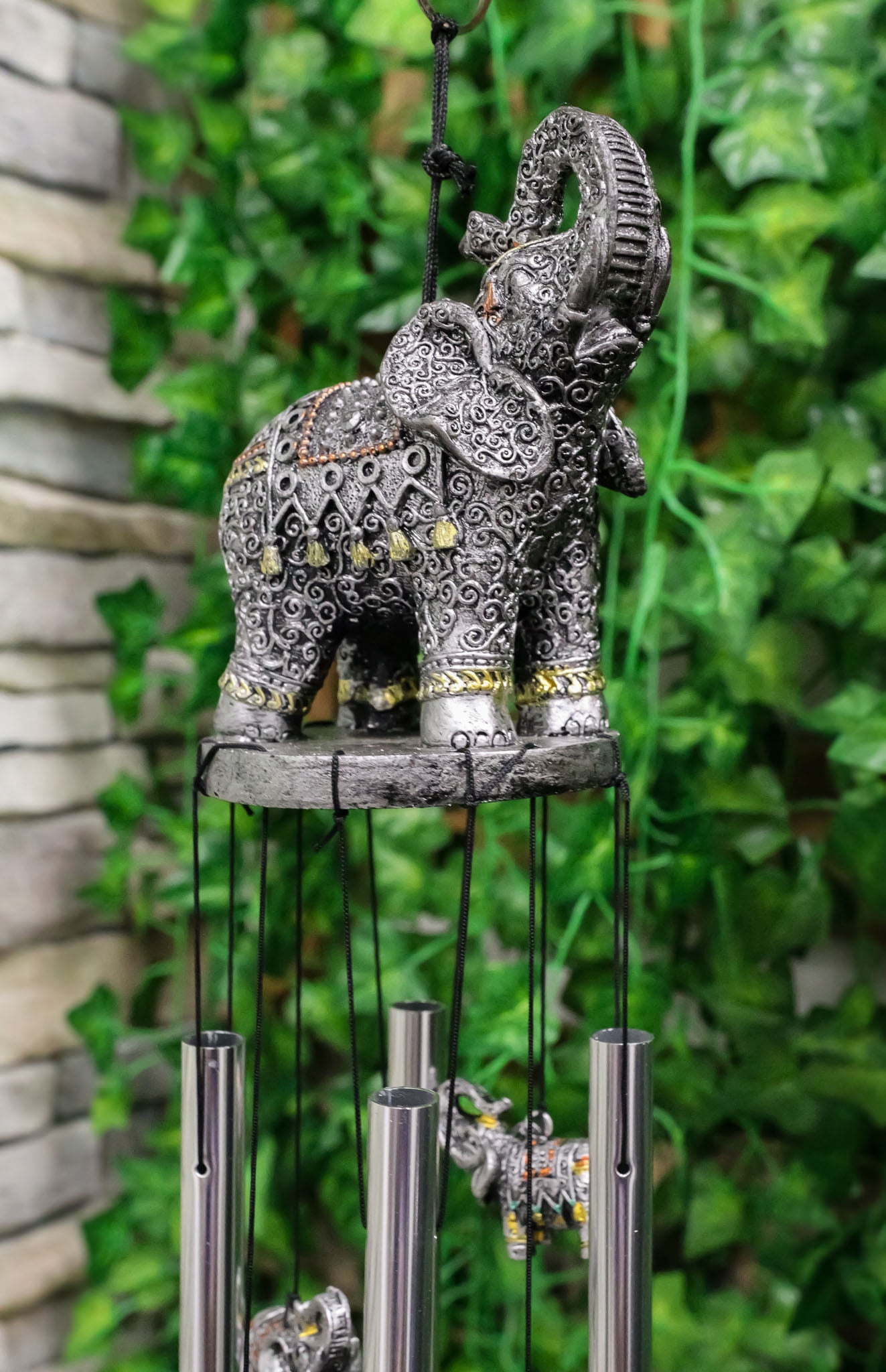 Feng Shui Thai Buddha Elephant In Filigree Art Figurine Crown Garden Wind Chime