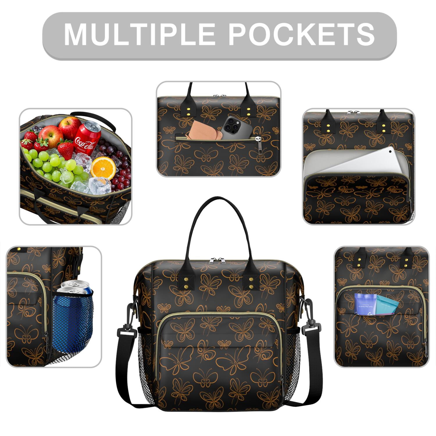 Butterflies Lovers Artistic Lunch Tote – Insulated Leakproof Large Cooler Bag with Colorful Floral Patterns, Dual Compartments for Outdoor or Office