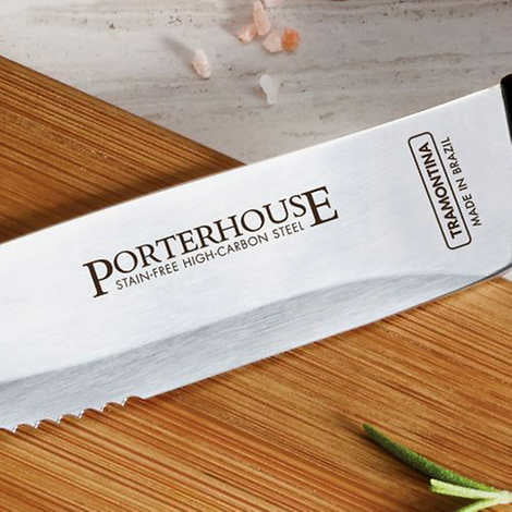 Tramontina Gourmet 5-inch High-Carbon Steel Porterhouse Steak Knife Sets,  4-Piece, Made in Brazil (4-Piece with Block)