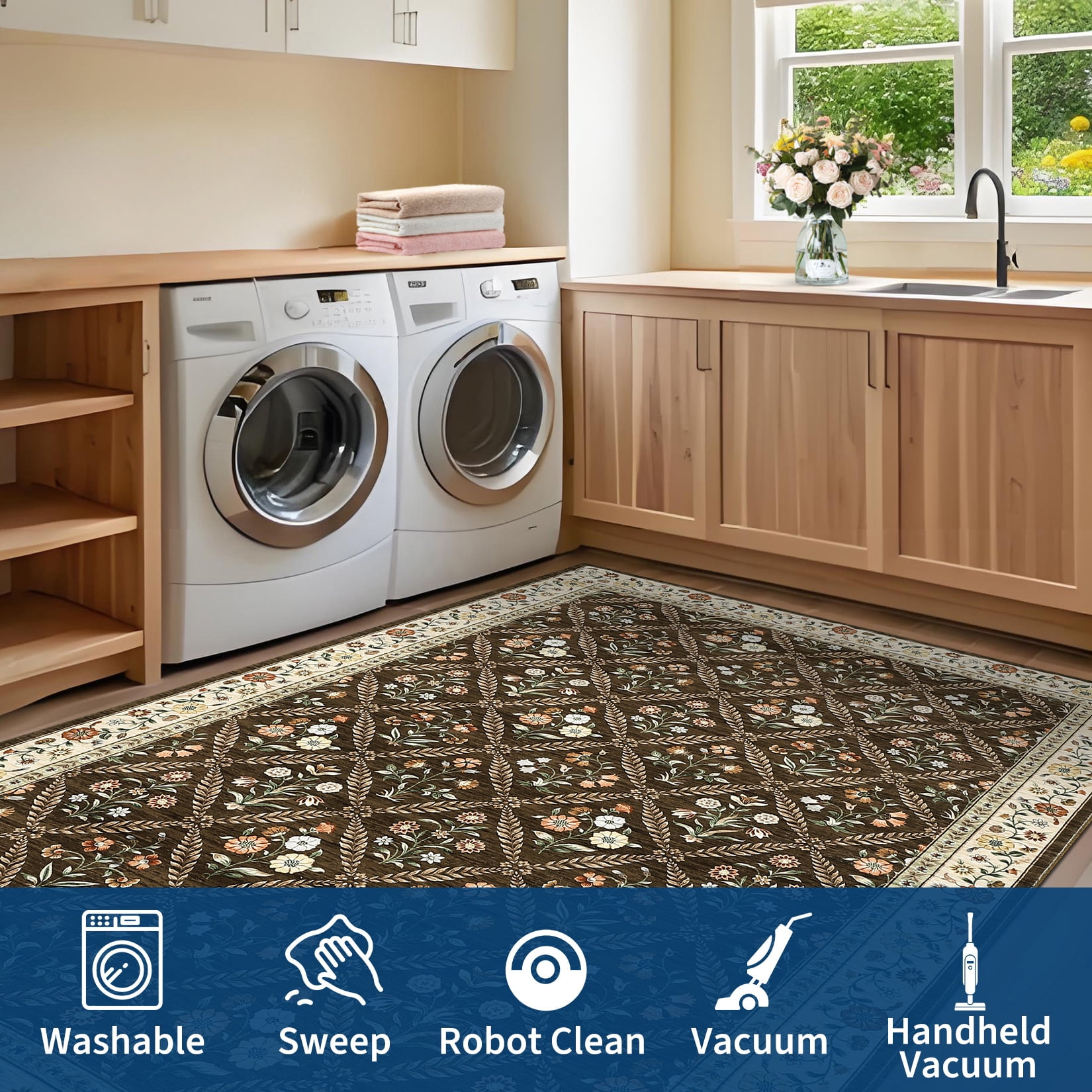 Senfot 9x12 Floral Print Area Rug Machine Washable Non-Slip Stain Resistant Low Pile Bordered Farmhouse Rug for Living Room Bedroom Home Office Brown