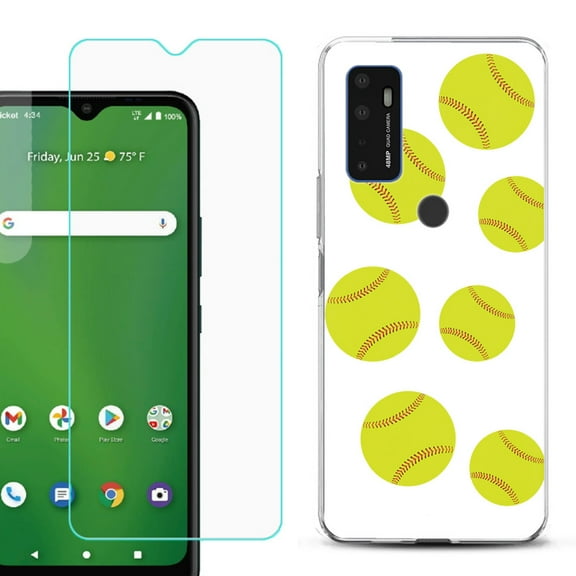 Slim-Fit Gel TPU Phone Case for Cricket Dream 5G, with Tempered Glass Screen Protector, by OneToughShield ® - Softball Seven