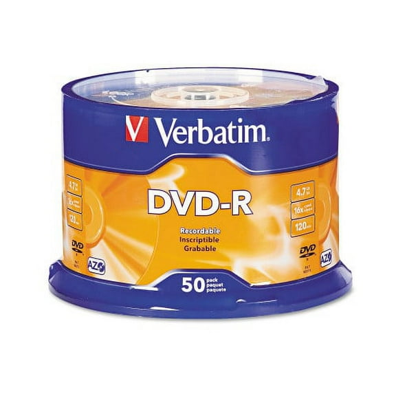 Verbatim DVD-R Recordable Disc, 4.7 GB, 16x, Spindle, Silver, 50/Pack, Each