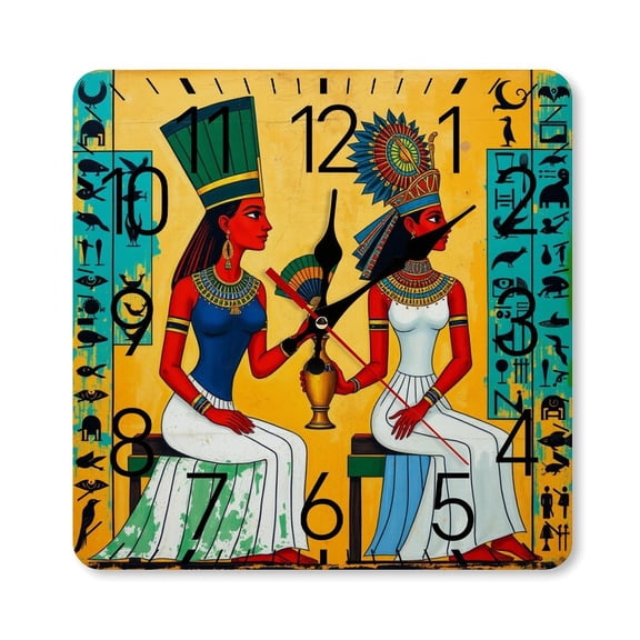 RKSupls 10×10inch Square Silent Wall Clock Wooden Frame, Egyptian Women Art Scale Decorative Clock for Home Bedroom Living Room Office