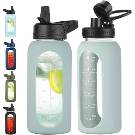 

32 oz Glass Water Bottle with Straw and Handle Sports Motivational Water Flask with Silicone Sleeve Large Leakproof Water Flask Cup with Time Marker for Travel Gym Sage