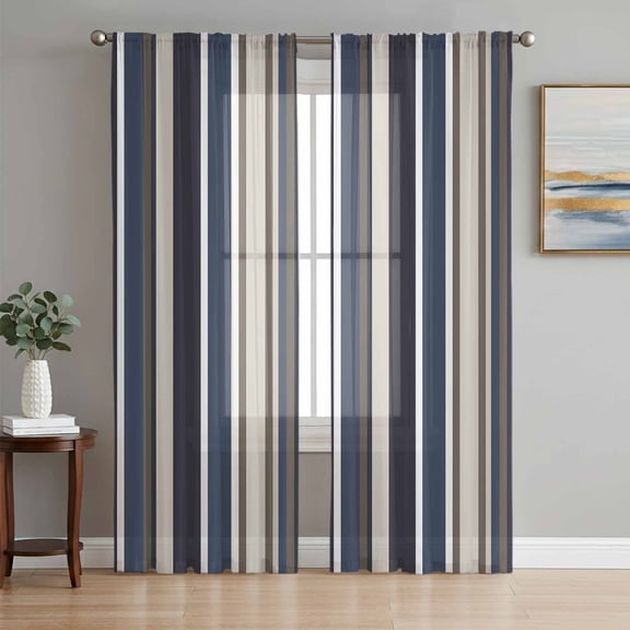 Colored Stripes Sheer Curtains 84 Inch Length 2 Panels Set, Blue Black White Brown Abstract Lines Voile Window Treatment Rod Pocket Curtains Sheers Drapes for Bedroom/Living Room/Kitchen 52"x84"x2