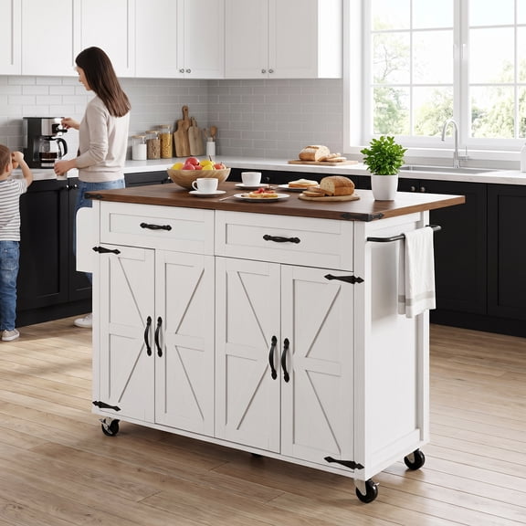 Homy Casa 53.5" Farmhouse Kitchen Island Cart with Drop Leaf, Storage and Power Outlet, White