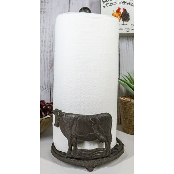 Cast Iron Rustic Holstein Cow With Scroll Art Kitchen Paper Towel Holder Stand