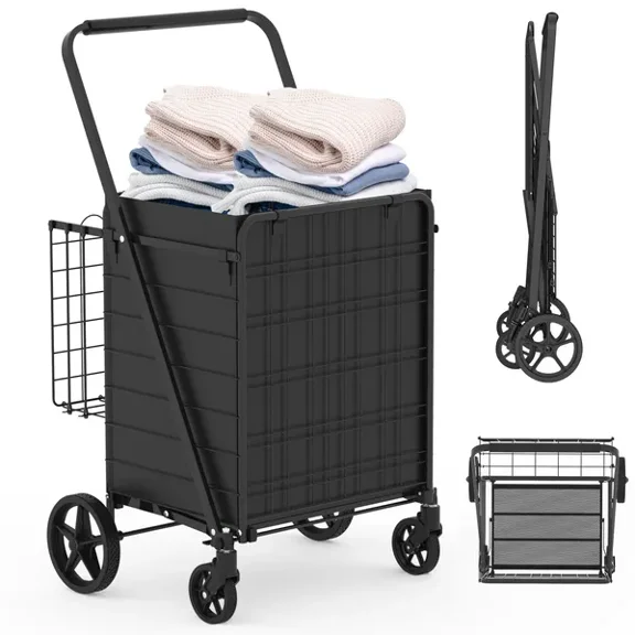 Foldable Extra Large Shopping Cart with Double Basket and 360 Swivel Wheels for Groceries Laundry